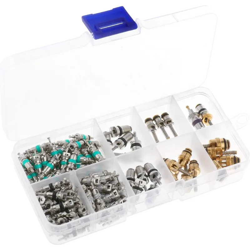134PCS R134a Car AC Schrader Valve Core Kit 11 Kinds Universal Automotive Air Conditioning Sealing Repair Set
