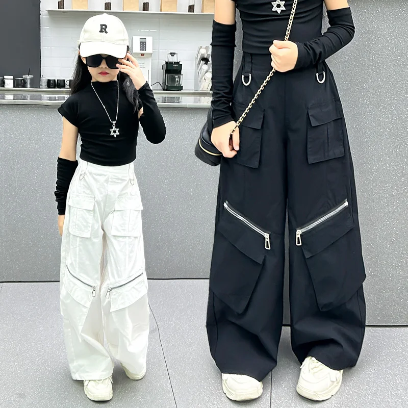 Loose Retro Tweens Girls Cargo Pants with Zipper Kids Streetwear Baggy Pants Teens Child Hiphop Straight Trousers Multi-pocket