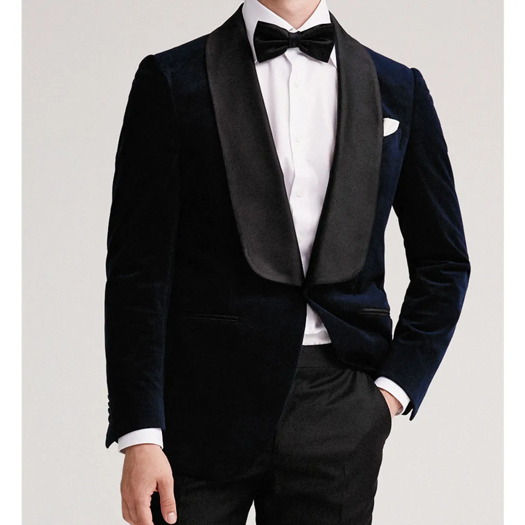 Velvet Men' s Suit 2 Pieces Blazer Black Pants One Button Tuxedo Sheer Satin Lapel Fashion Business Modern Wedding Groom Costume