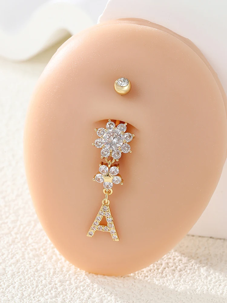 KUNIU 1PC Fashion y2k Casual Floral Letter A Stainless Steel Zircon Navel Ring Sunflower Navel Navel Navel Ladies Body Piercing