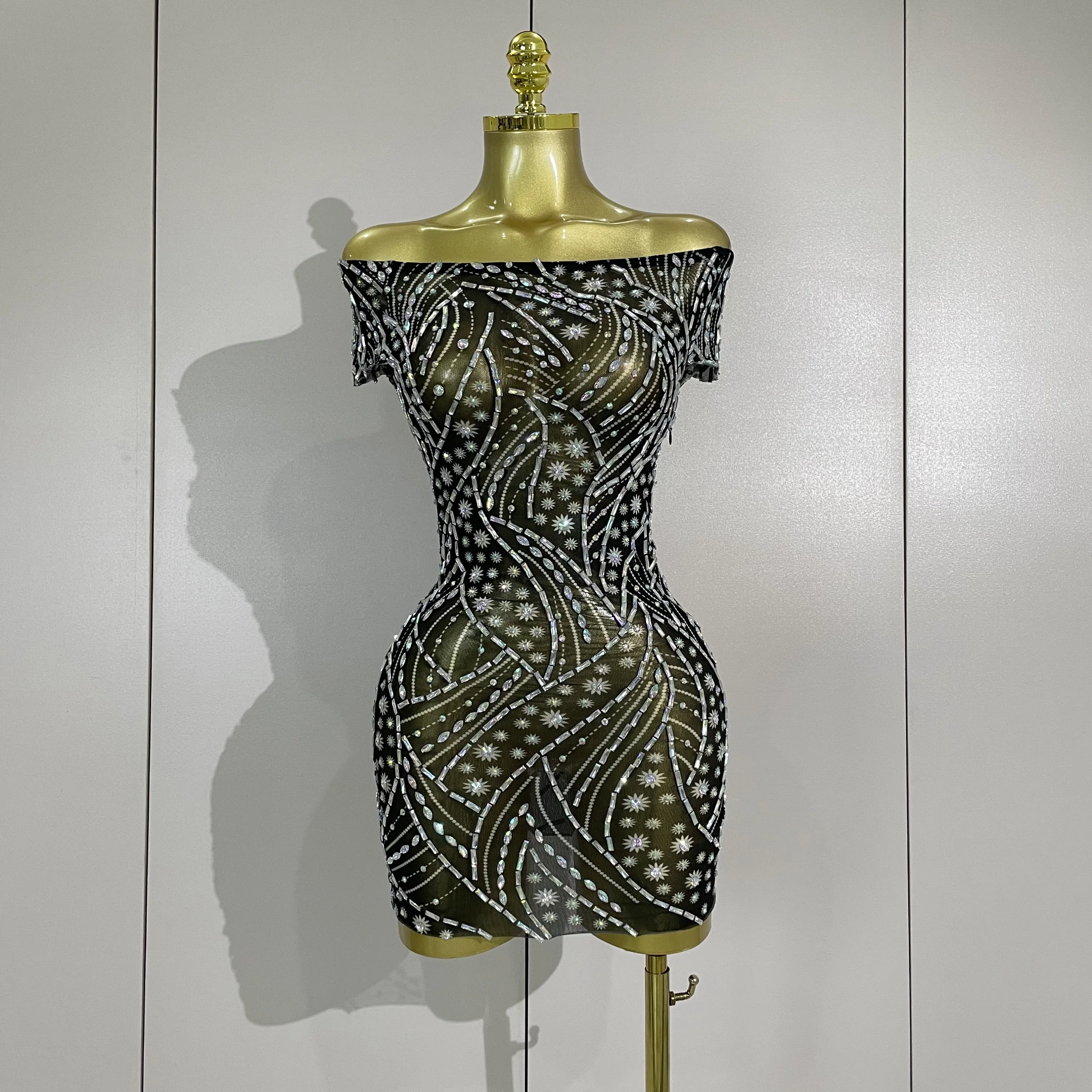 Sparkly Rhinestones Off-The-Shoulder Mesh Sheer Mini Dress Women Eveing Celebrate Birthday Party Sexy Nightclub Stage Costume