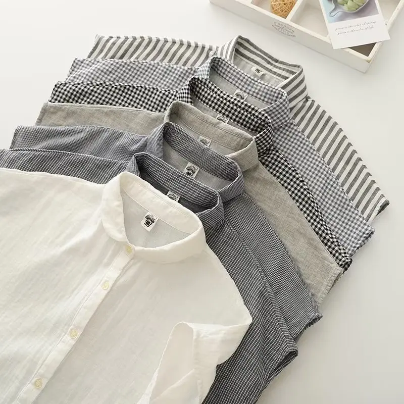 

[Готовый запас] Высококачественная женская блузка из 100% хлопчатобумажной пряжи, летняя клетчатая полосатая женская рубашка и топы