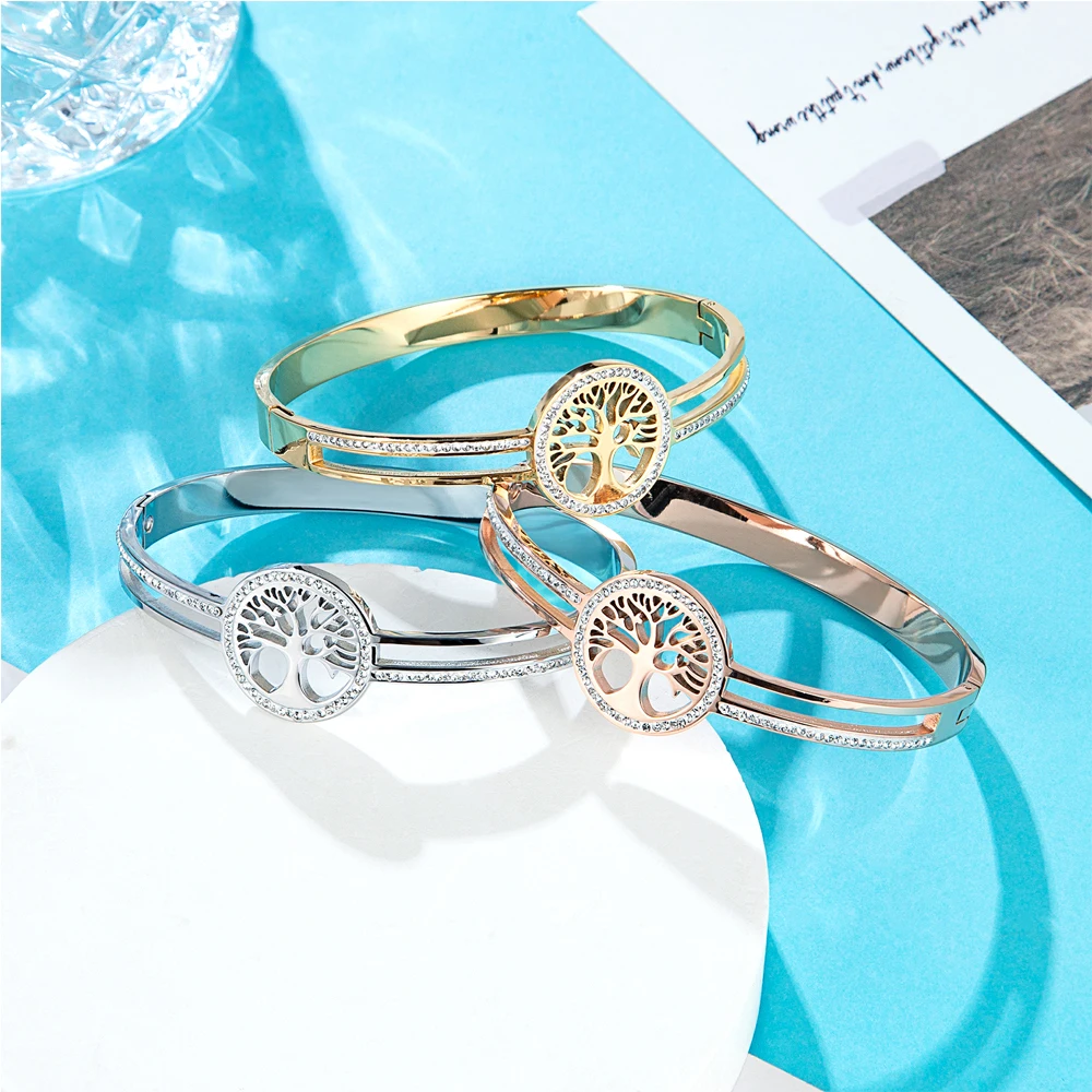 High Quality Stainless Steel Bracelet For Women Electroplated Silver Gold Rose Color Life Tree with Diamonds  Exquisite Jewelry