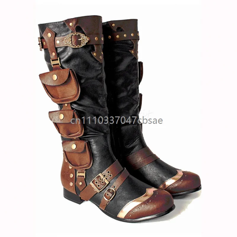 Steampunk Black Leather Knee High Boots Vintage Medieval Pockets Cosplay Pirate Shoes Men Block Heel Buckle Festival Footwear
