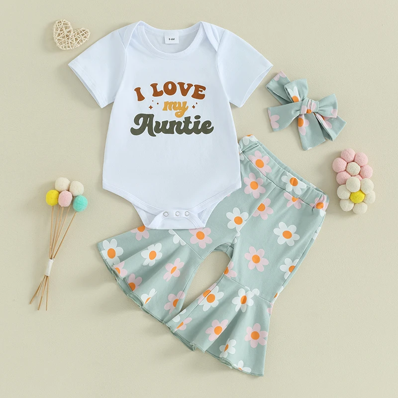 Baby Girl Clothes Summer Outfit I love My Auntie Short Sleeve Romper Floral Bell Bottom Pants Set