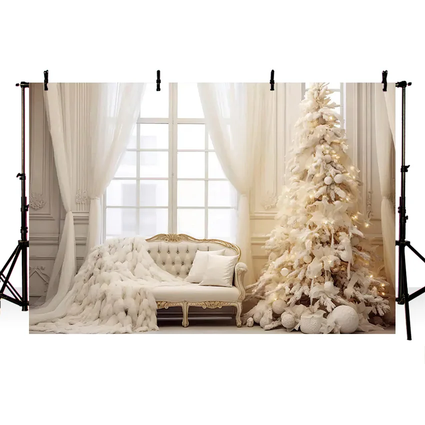 Mehofond-cortina de ventana de Navidad, telón de fondo para fotos, fiesta familiar, Interior, árbol de Navidad, purpurina, sofá, almohada, decoración, Fondo de fotografía