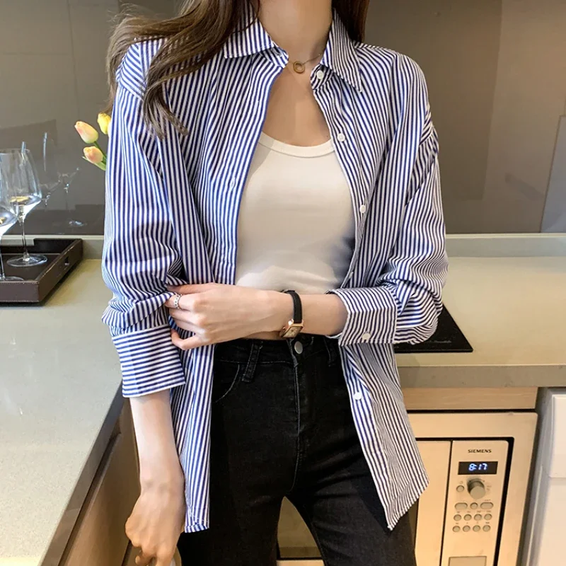 Camisas a rayas azules para mujer, Tops básicos diarios con solapa para oficina Ulzzang, temperamento de otoño, Harajuku clásico de manga larga, recién llegado