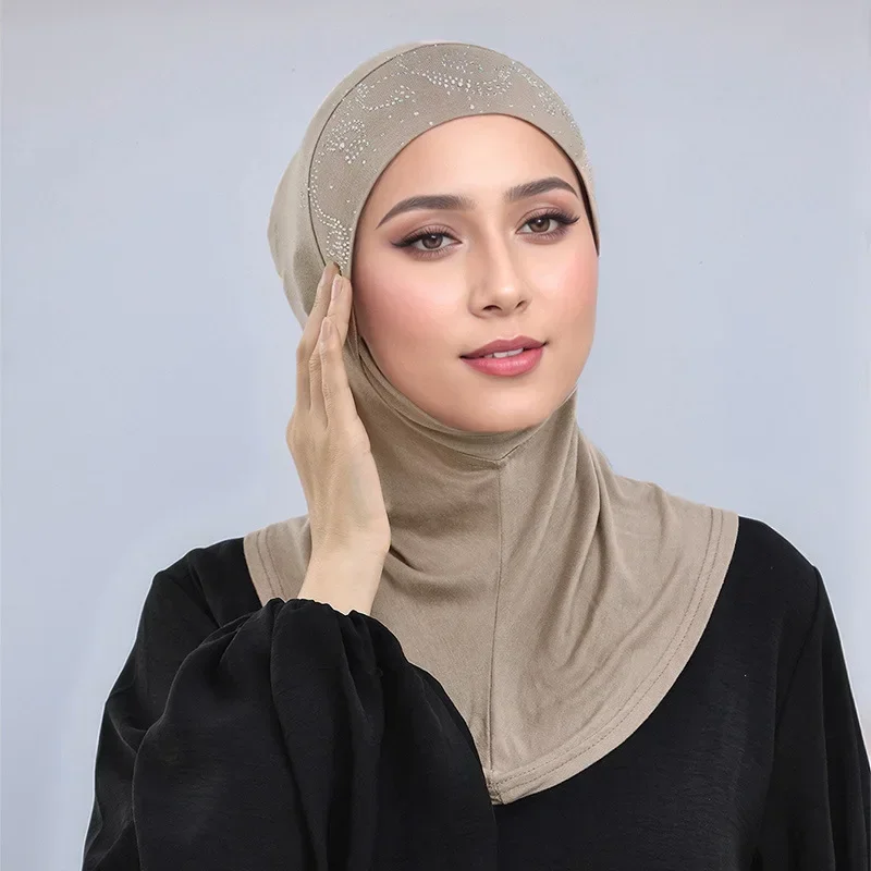 

New Ready To Wear Instant Hijab for Women Diamonds Jersey Cotton Headscarf Neck Cover Hijabs Islam Shawls Wraps Amira Muslim Cap