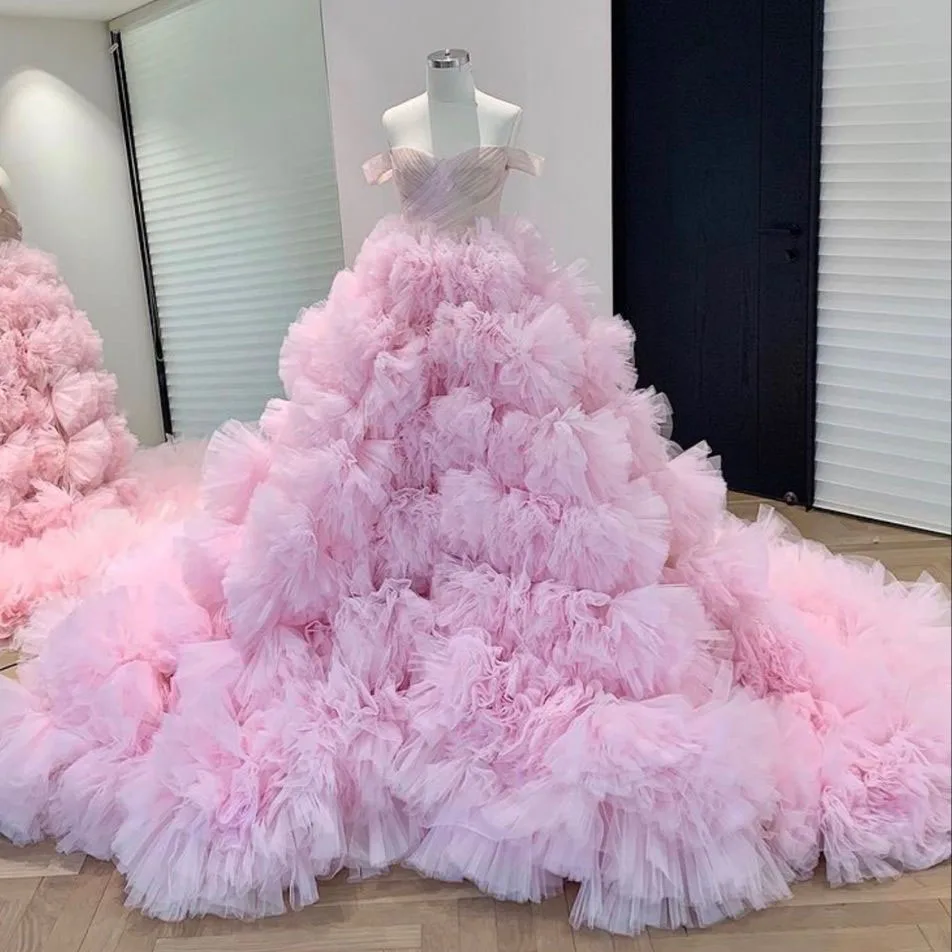 Extra Puffy Ruffled Prom Dresses Ball Gown Layered Tulle Pink Evening Party Gowns 2023 Photo Shoot Props Dress Corset Top Custom