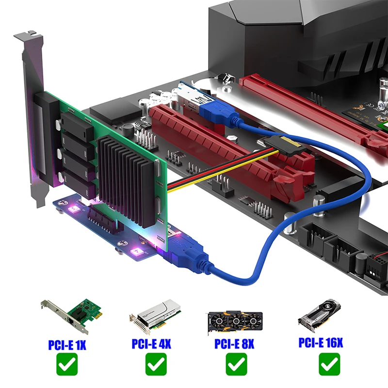 บอร์ดต่อขยาย X1เป็น X1ใหม่ไรเซอร์การ์ด PCI Express 3.0 1X ไปยัง1X/4X/8X/16X พร้อมสายต่อ USB3.0 RGB LED แผ่นแม่เหล็ก