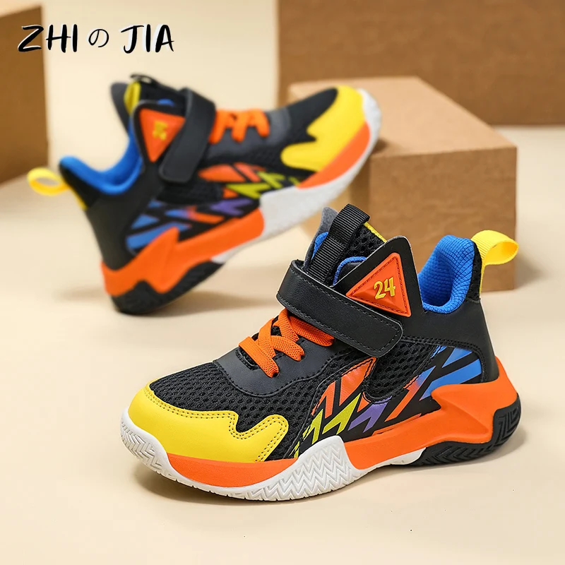 New Children\'s Basketball Shoes Boys Mesh Breathable Sneaker Fashionable and Trendy Matching Shoes Anti Slip Durable Footwear