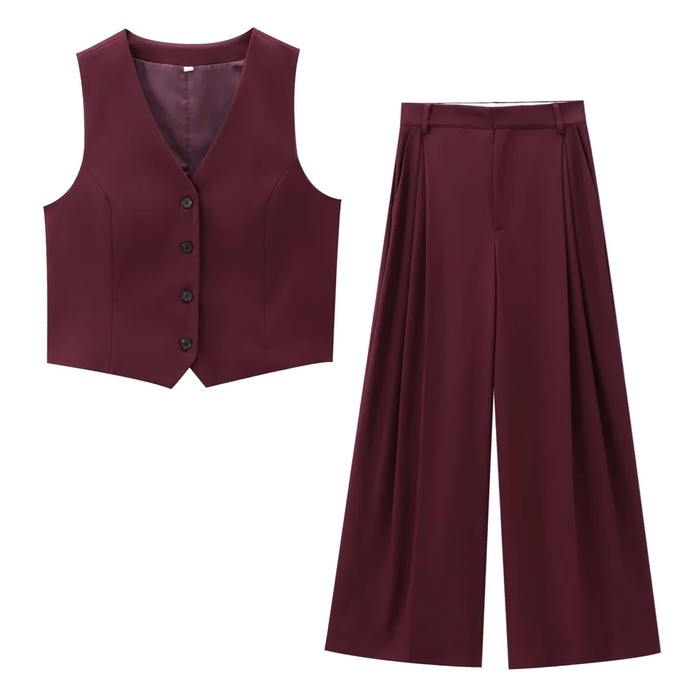 PB&ZA2024 autumn new women\'s clothing temperament commuting slim fit simple short V-neck vest double pleated pants set