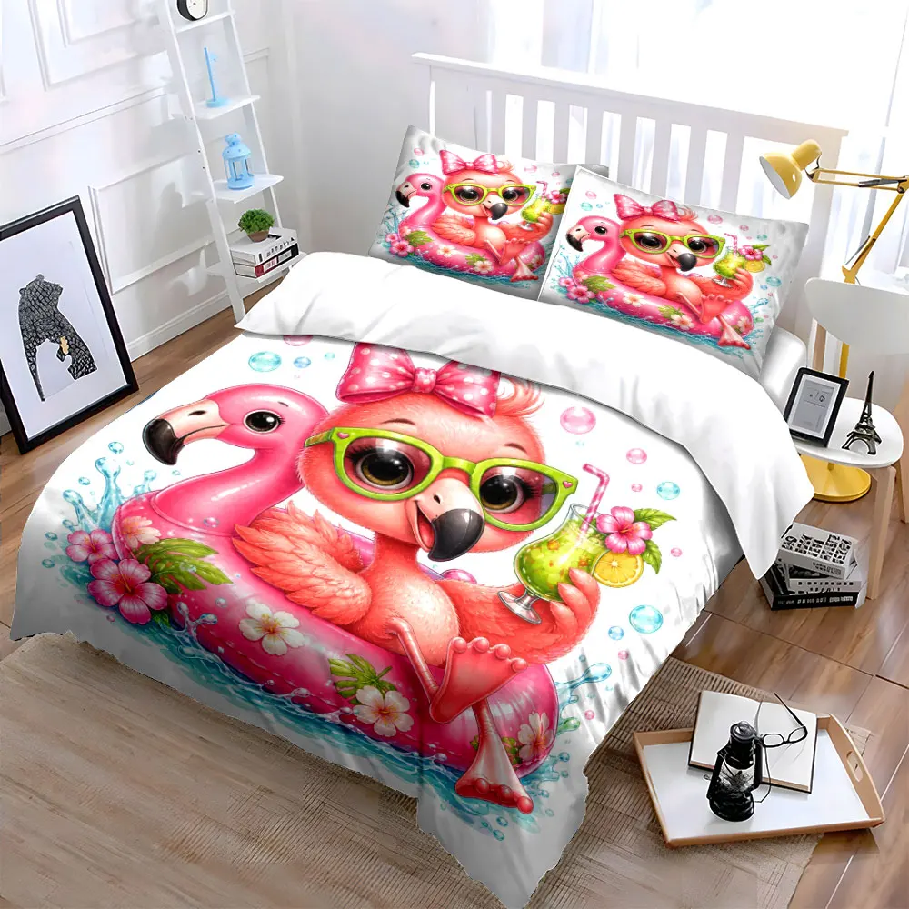 Pink flamingo float and refreshing drink Print Bedding Set 1 Duvet Cover 2 Pillowcases for Adult and Children Luxury Gift