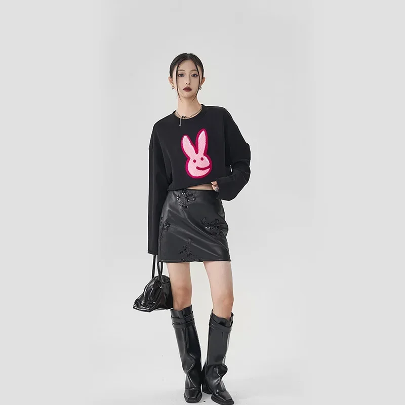 Pop Autumn/Winter New Style Bodycon Skirt Sequins Embroidery PU Leather Cropped High-Waisted Original Niche Design Trendy Half-S