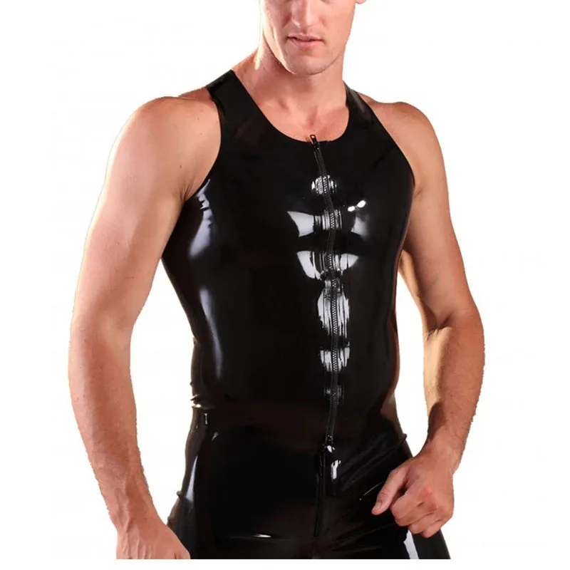 

Handmade Mens Vest with Front Zip Black Fetish Latex Rubber Gummi Tank Tops ( no shorts)