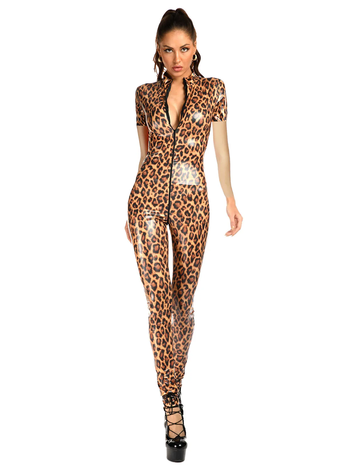 Womens Hot Leopard Print Bodysuit Patent Leather Rave Bar Catsuit Clubwear Stand Collar Zipper Leotard Slim Fit Fashion Jumpsuit