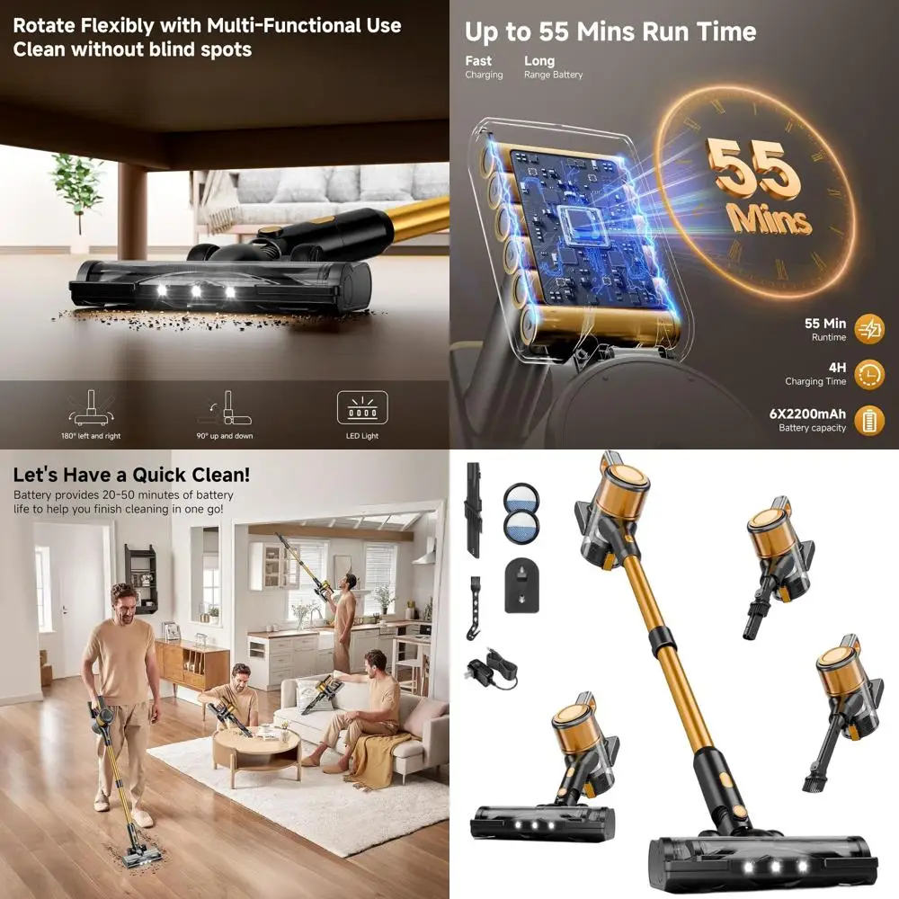 

8-in-1 40kPa Lightweight Cordless Vacuum, 55 Mins Run Time, Anti-Tangle Brush, Wall Mount, Ideal for Floors, Sofas, Pet Hair, Go