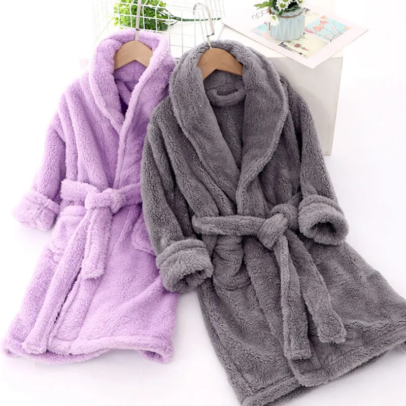 Winter Thicken Bathrobes for Kids Girls Flannel Warm Nightgown Teens Boys Bathing Robe Solid Color Night Robe Baby Dressing Gown