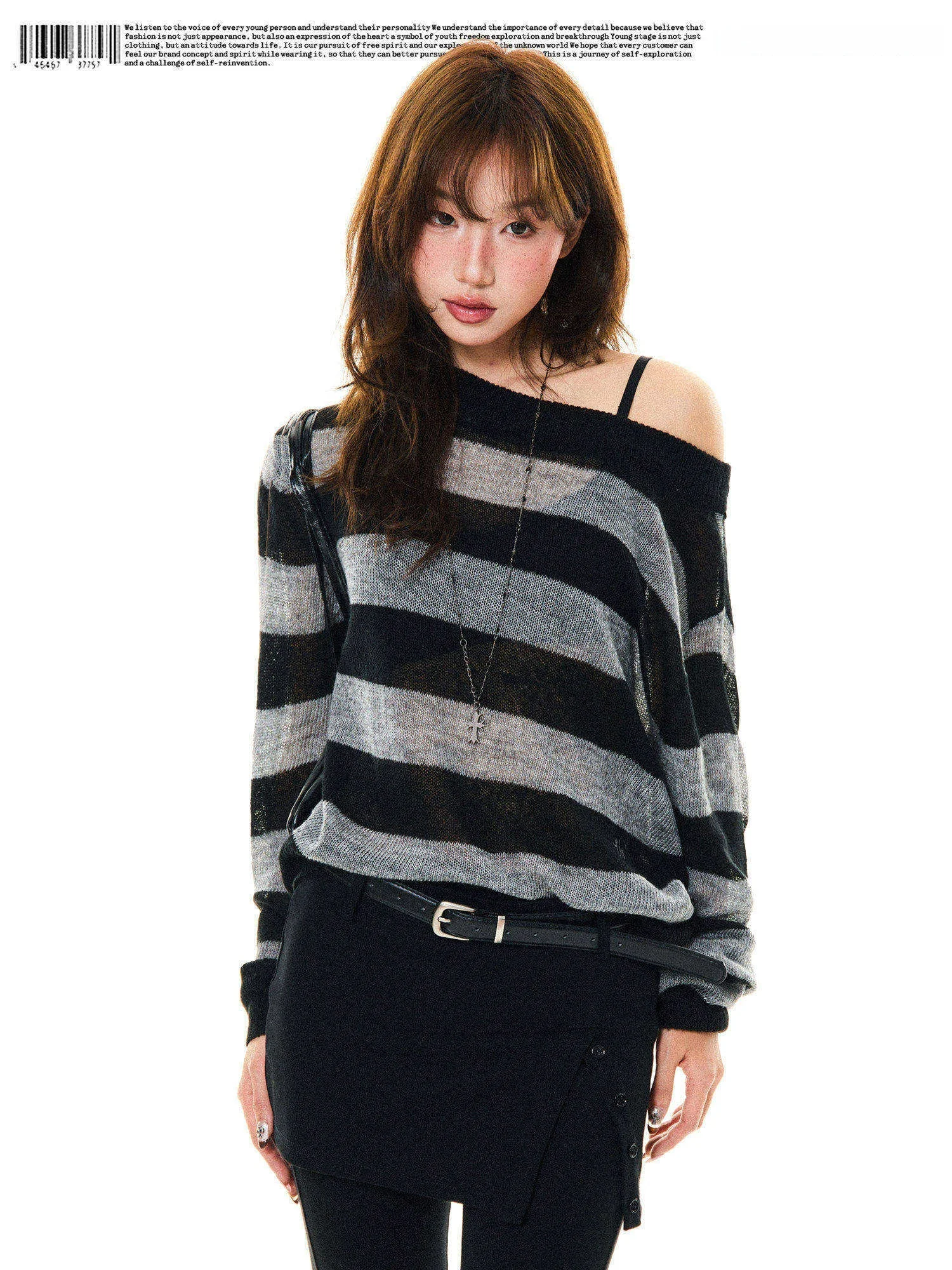

Young Stage Korean Style Striped Color Block Loose Knitted Sweater Women Spring Sweet Spicy Shoulder Bared Top Breathable Sof...
