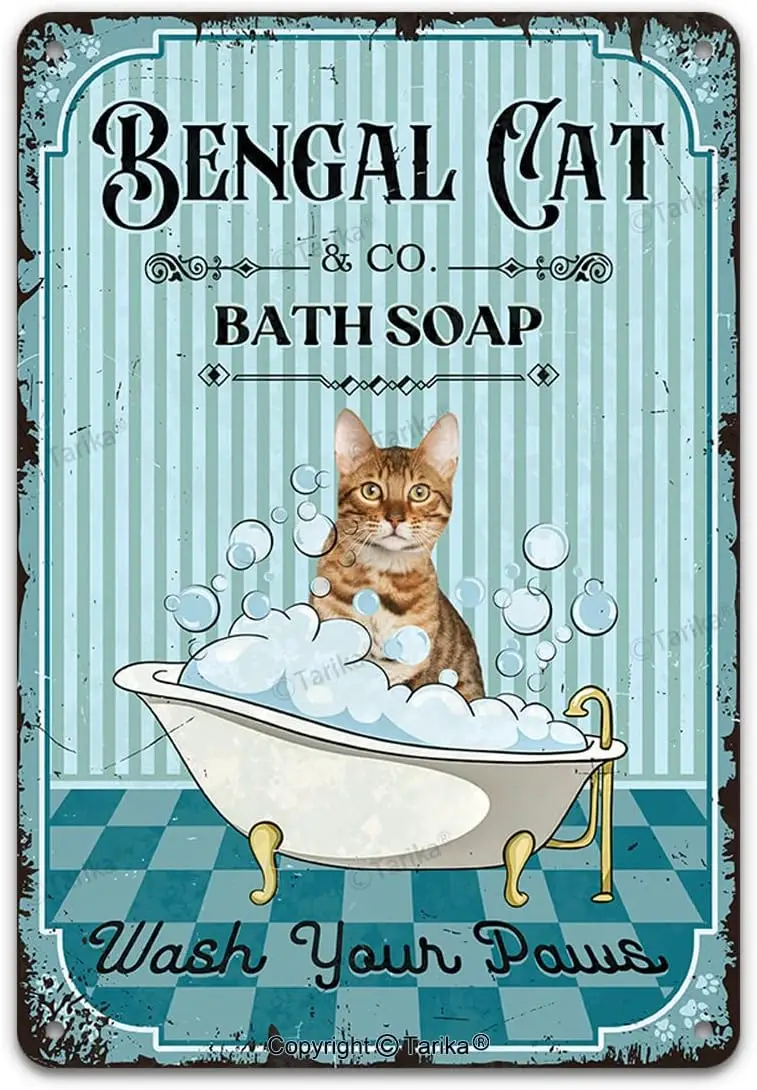 Bengal Cat & Co. Sapone da bagno Lavare le tue zampe Targa in metallo vintage Divertente adorabile gattino Pet Art Stampa Poster Bagno WC