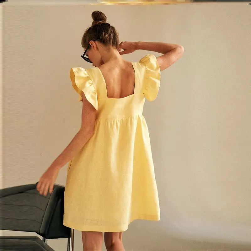 Vestido Casual Amarelo com Mangas em Camadas para Mulheres, Estilo Doce, Botão na Cintura Média, Saia Curta em Cor Pura