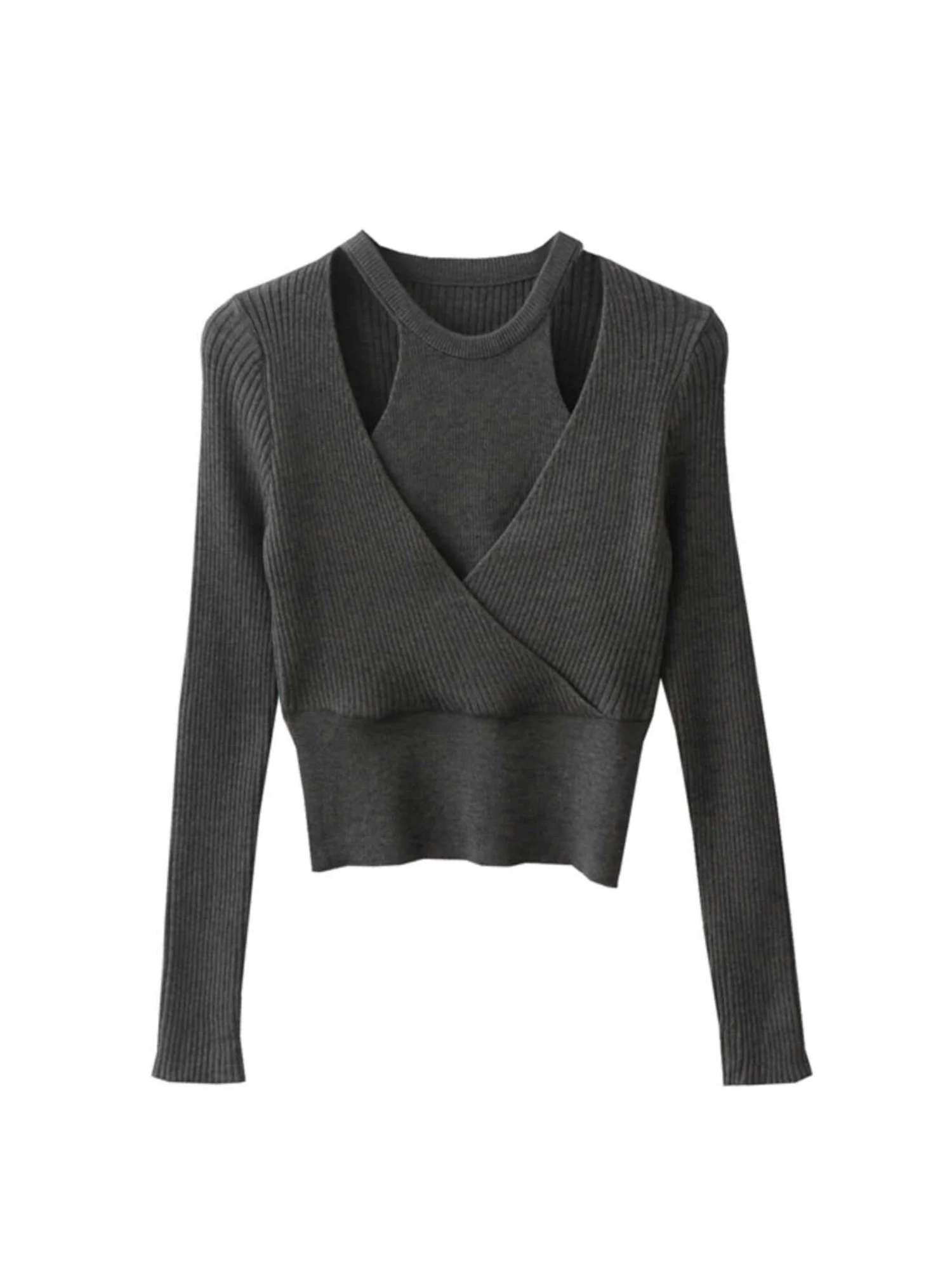 

Women's Grey V-Neck Knit Pullover Hollow Knitwear Long Sleeve Sweater Harajuku Vintage 2000s Loose Soft Cozy Sweater Autumn 2025