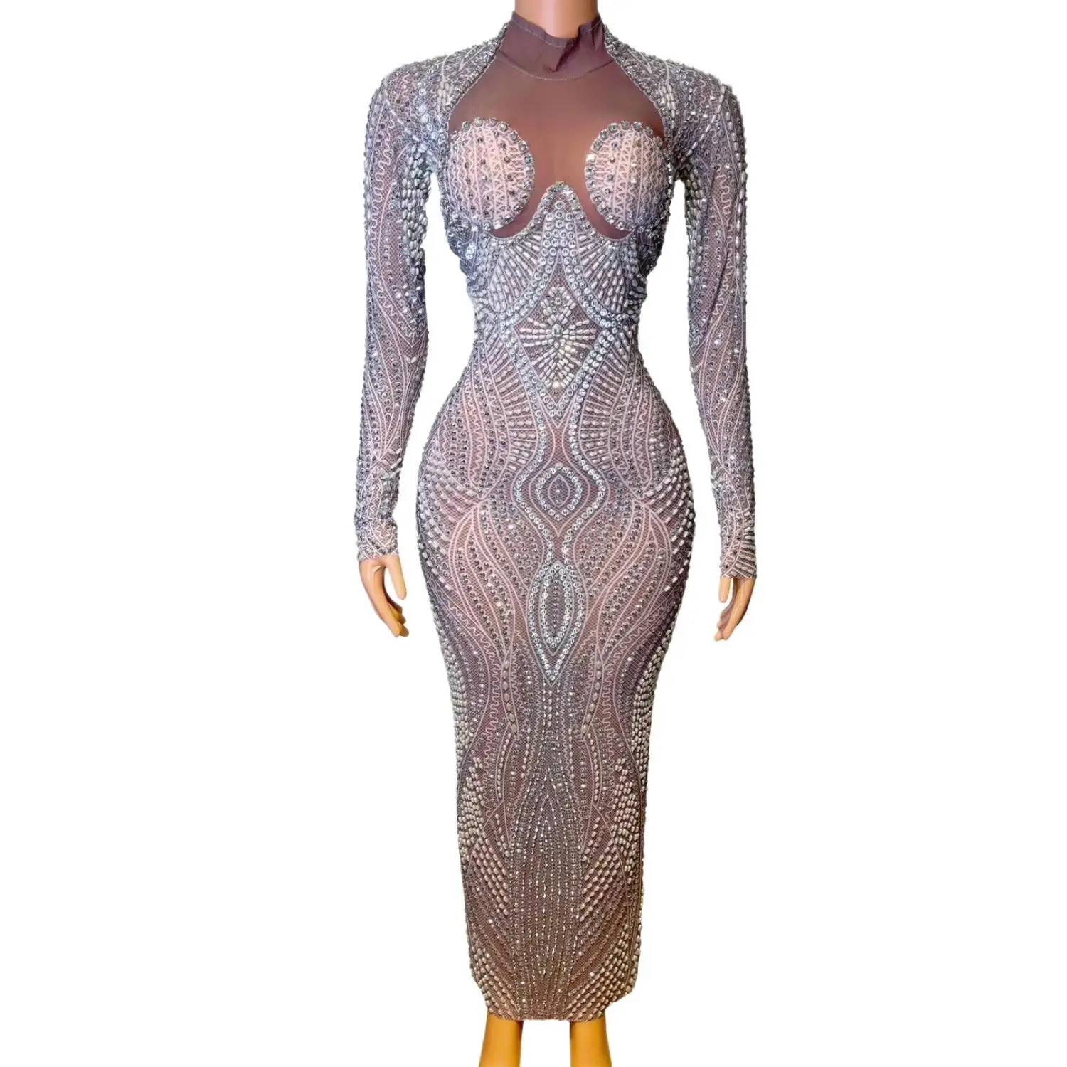 Baihe Luxury Hand Beaded Crystal Rhinestone Sheer Mesh High Neck Long Sleeve Midi Mermaid Dress Slim Fit Formal Evening Gown