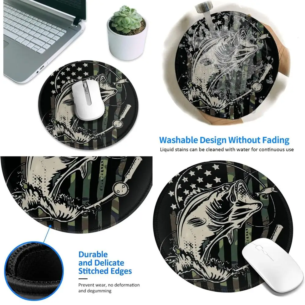 

Round 8-inch Non-Slip Rubber Base Mouse Pad with American Flag and Largemouth Bass Fish Camouflage Design