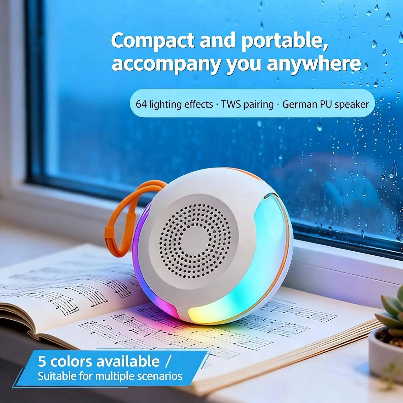 

Mini Wireless Bluetooth Speaker with 64 Ambient Lighting, TWS Connection, Bass Subwoofer, USB/TF Card for Phone, Tablet & Laptop