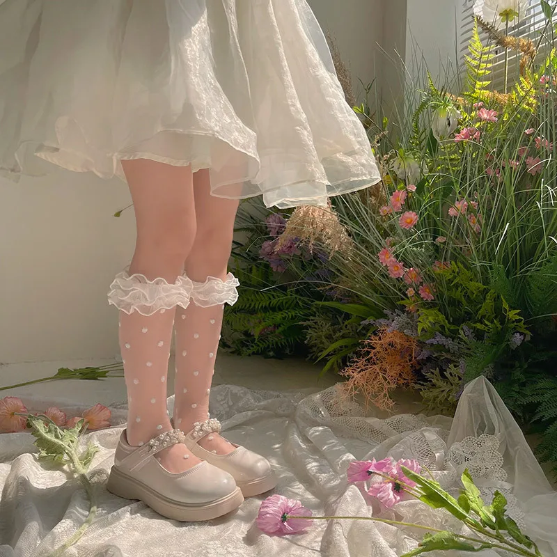 Ins Nieuwe Lente En Zomer Crystal Polka Dot Dubbellaags Organza Kant Meisjes Prinses Mid-Calf Sokken Transparante Ademende Sokken