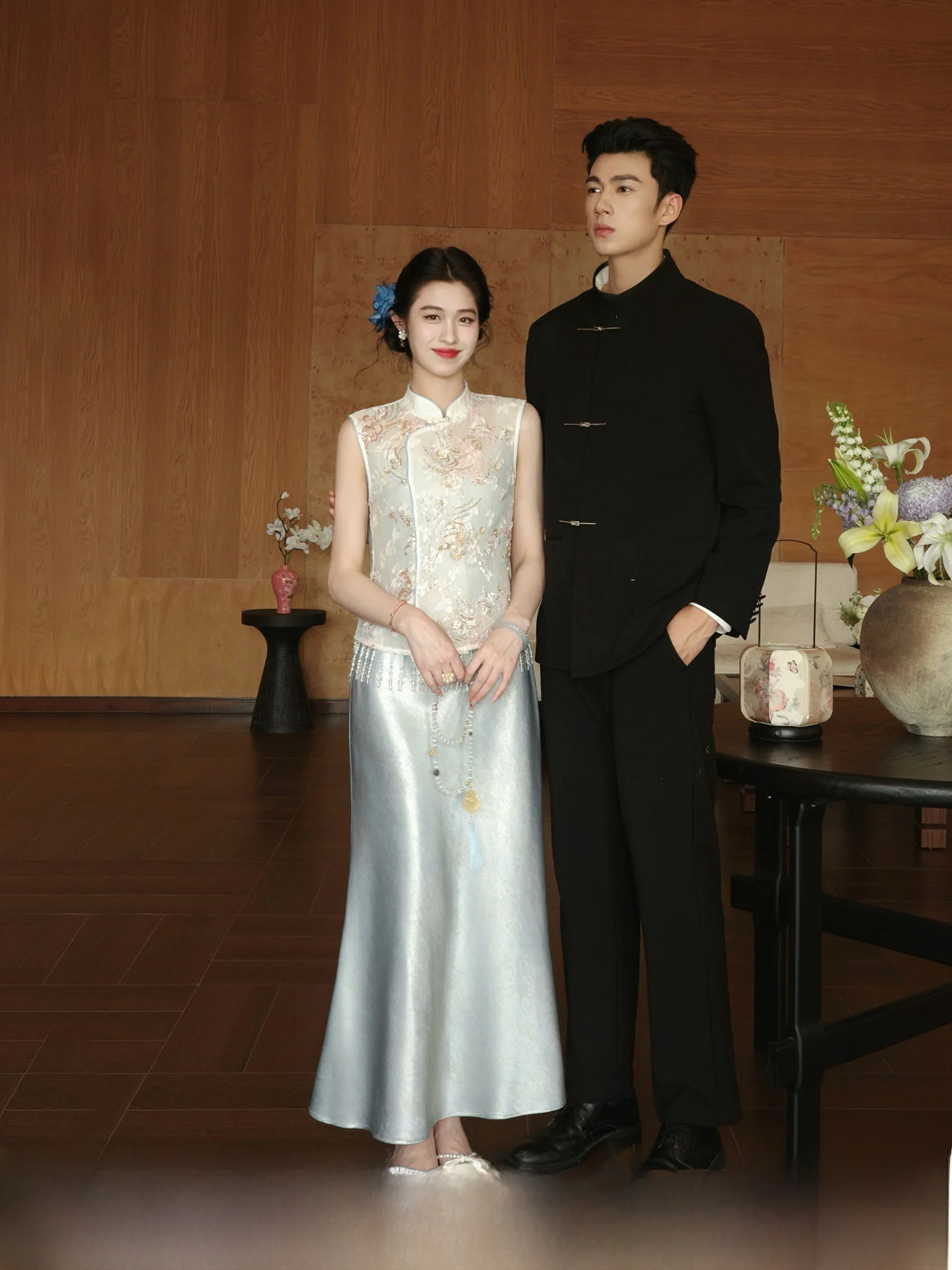 New Chinese Style Embroidered Satin Bridesmaid Set with Tassel Trim Women's Summer Gown And Vest Ensemble by Ling Xian