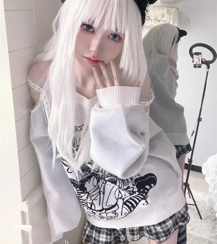 

Ruibbit New Arrivals Japanese Kawaii White Harajuku Style Sweater Women Off Shoulder V-Neck Y2k