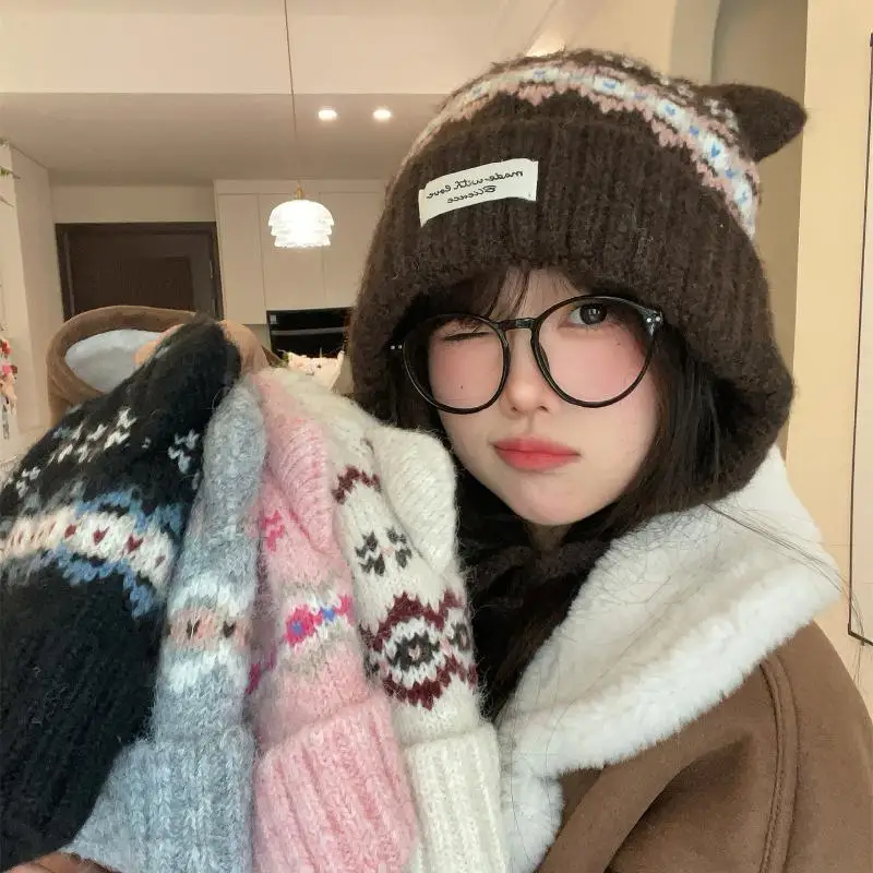 Knitted Cat Ear Beanie With Fleece Lining Face Slimming Effect Suitable For Winter Daily Wear Cold Outdoor Activities