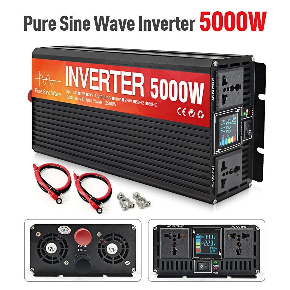 

Pure Sine Wave Inverter 3000W 4000W 5000W Double Socket LCD Display DC 12V 24V To AC 220V Voltage Converter Power Supply