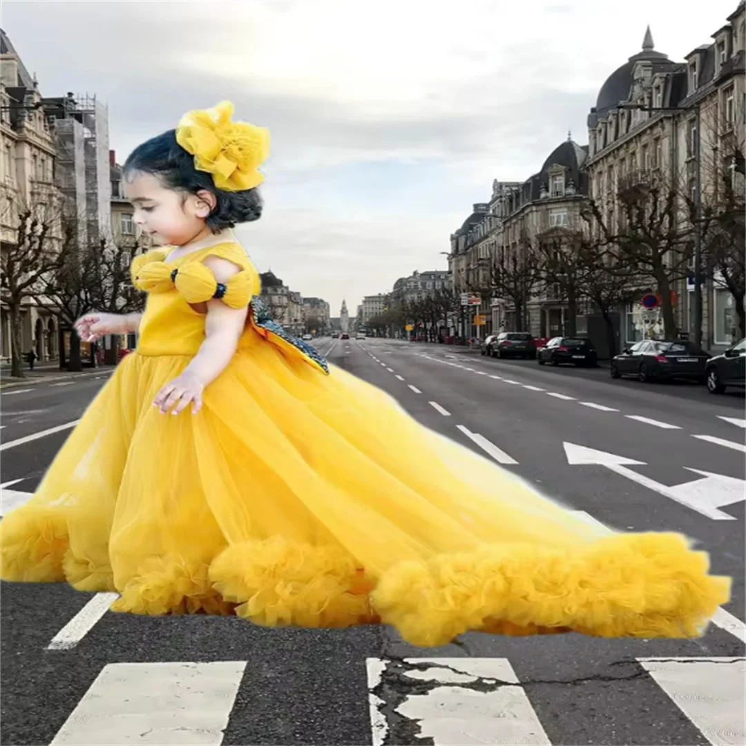 

Элегантное желтое тюлевое пышное платье с бантом для девочек с цветочным узором на свадьбу, детский день рождения, бальные платья для первого причастия по индивидуальному заказу