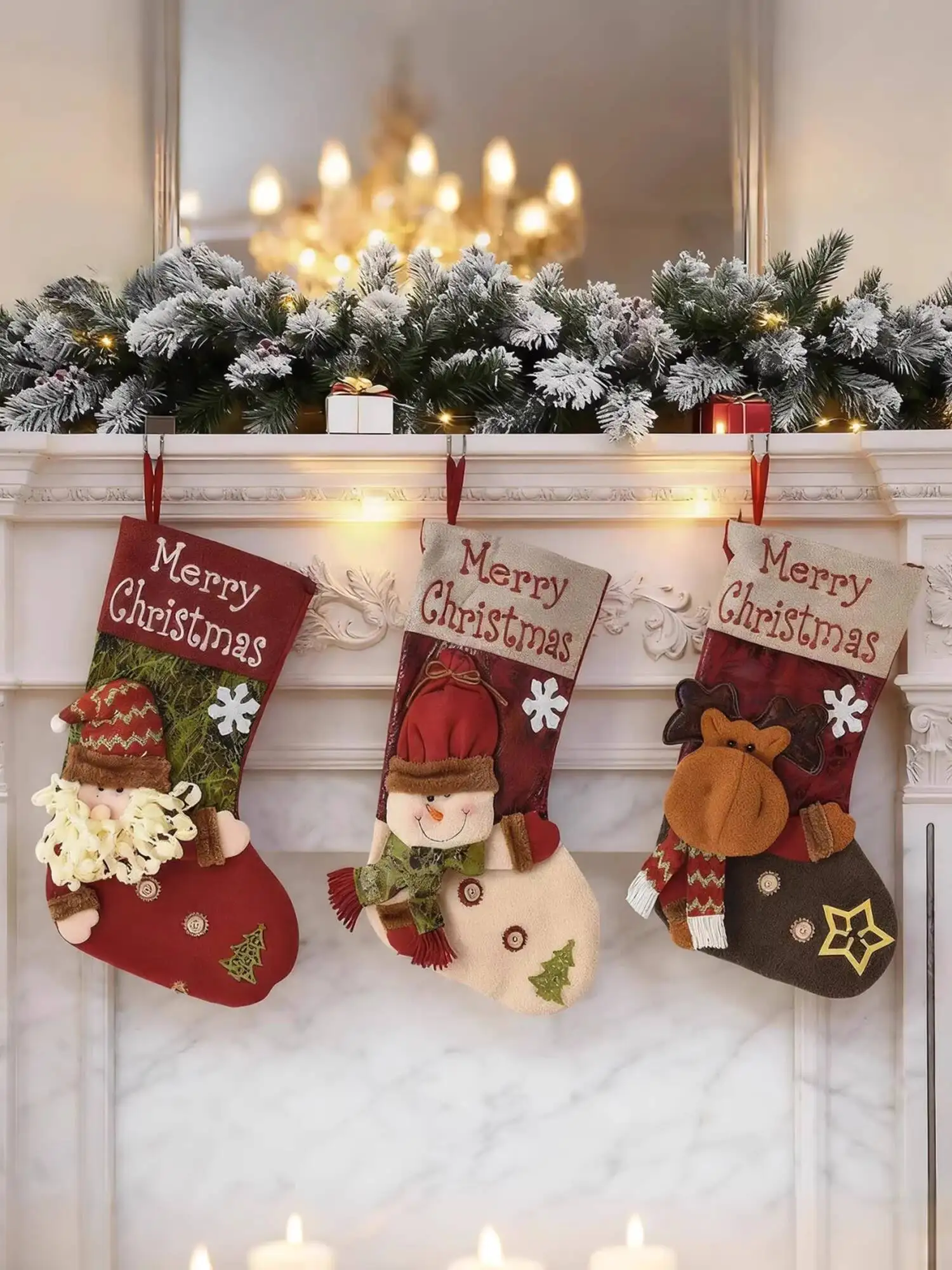 

2025 Christmas Stockings 1PCS Set Santa Snowman Elk Xmas Decorations Merry Christmas Hanging Socks For Home Fireplace Party Gift