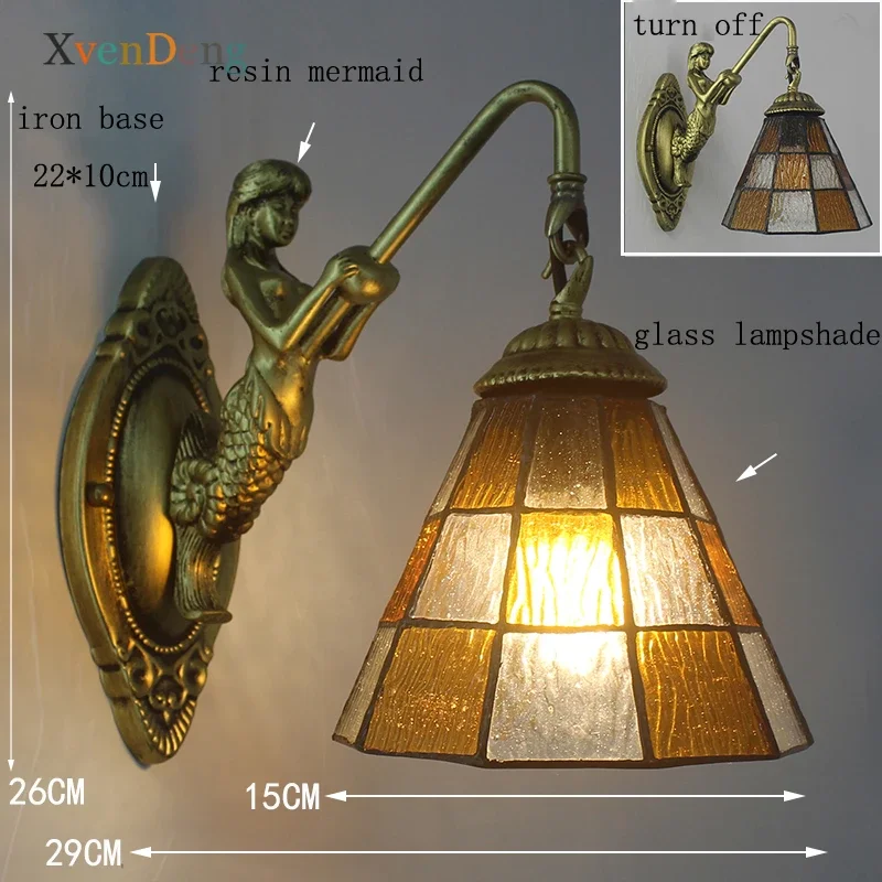 Tiffany Stained Glass Wall Lamps for Bedroom Bathroom Bar Living Room Decor Mediterranean Resin Mermaid LED Wall Light Fixtures