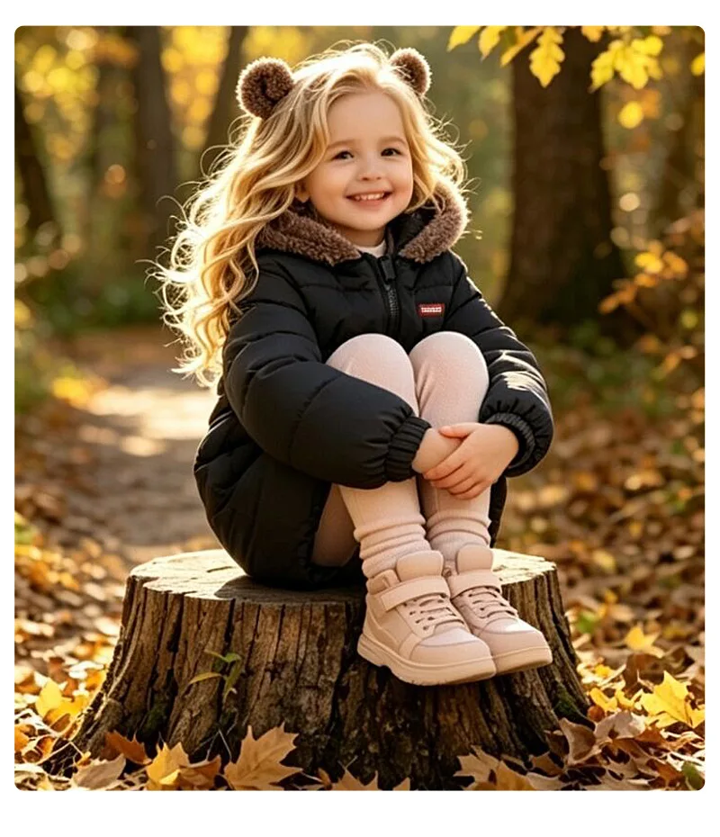Neue doppelseitige Winter-Daunenjacke für Kinder, Jungen und Mädchen, mittellanger warme Mantel mit Bärenohren-Kapuze. – Detail 15