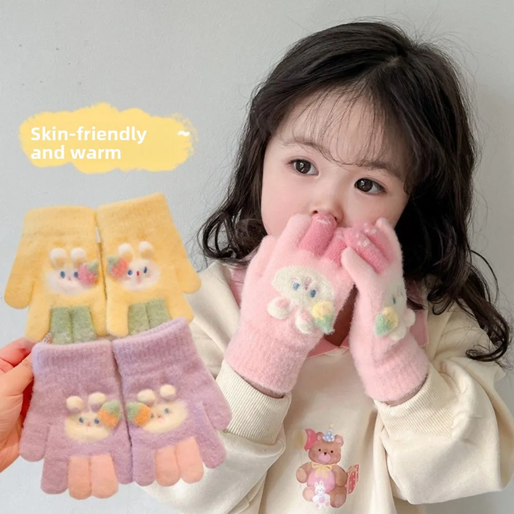 

Kawaii Cartoon Rabbit Kids Knitted Gloves Winter Warm Children Full Fingers Gloves Outdoor Sports Thickened Windproof Gloves