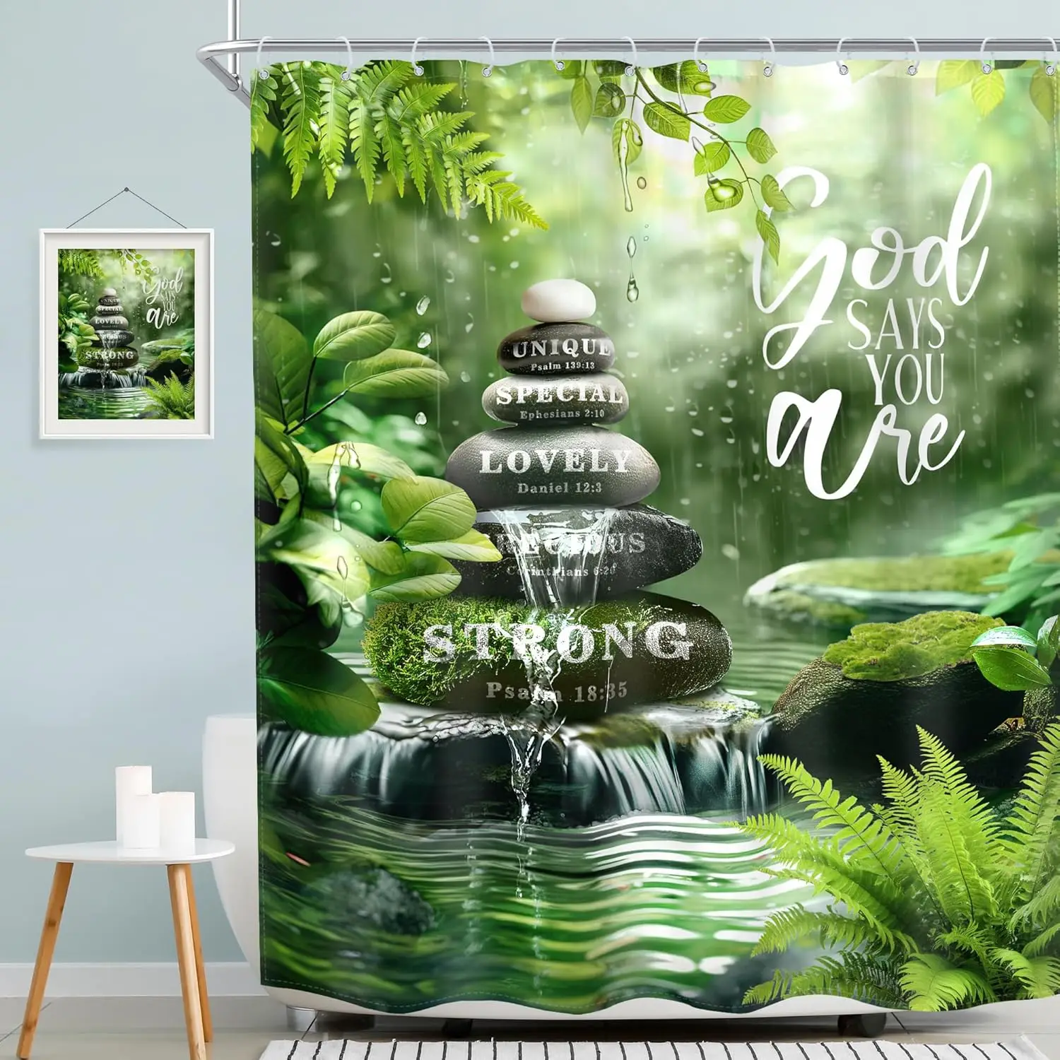 Zen Stone Shower Curtain 60Wx72H Bible Verse Green Leaves Spa Botanical Raindrop Calming Bathroom Curtain Christian Quotes