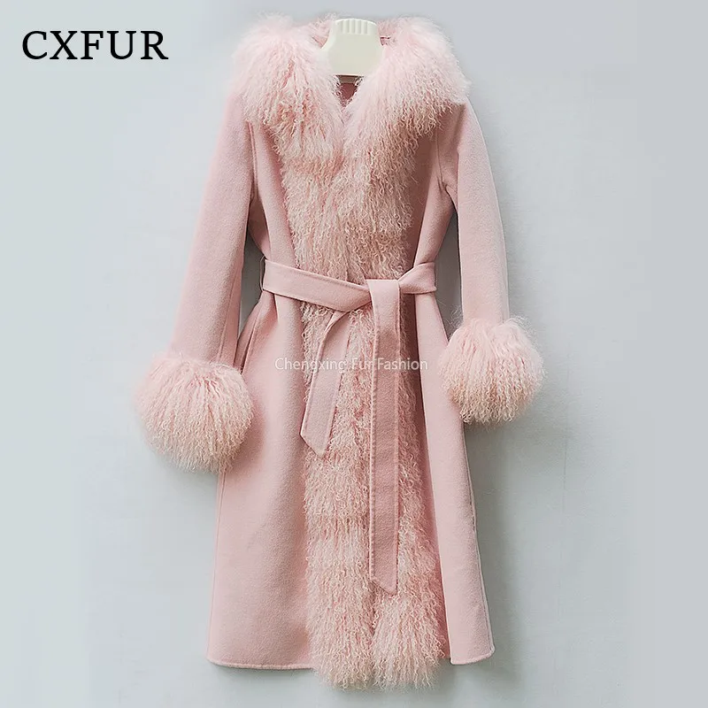 Mongolian Lamb Fur Trim Cashmere Blends Winter Women Woolen Hood Coat with Belt CX-G-T-46B