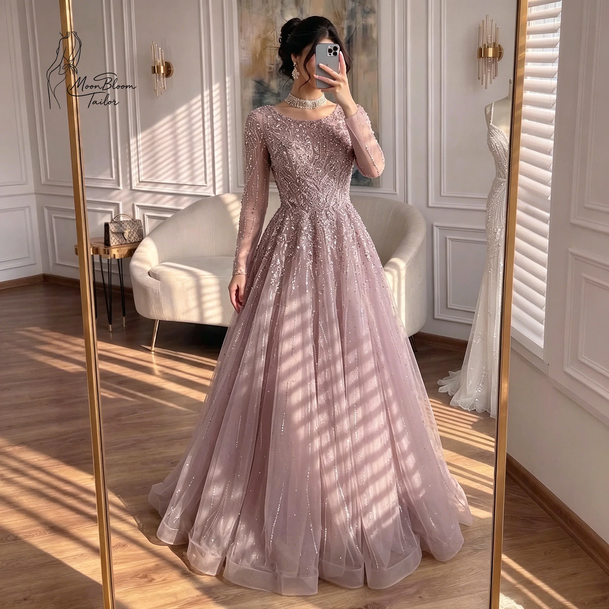 MoonBloom Tailor Dusty Pink Long Sleeve Beaded Embroidered Tulle A Line Gown | Custom Evening/Prom/Wedding Guest Dress