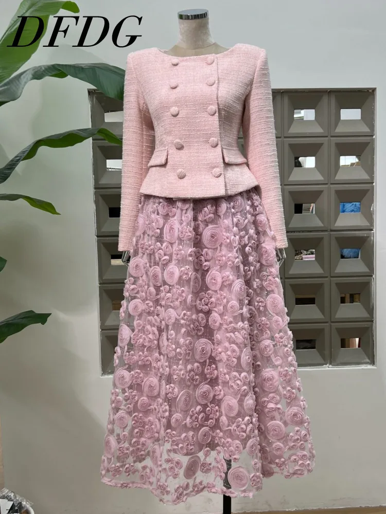 

DFDG женский весенне-летний минималистичный двубортный вязаный пиджак 2024, юбка с цветочной вышивкой, комплект Coord, элегантный комплект офисной одежды