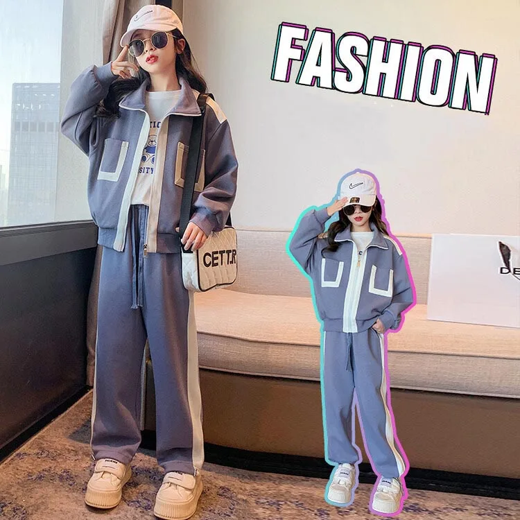 2024 Korean Spring Autumn Junior Girl Tracksuit Teenager Girl Casual Workout Coat+Striped Wide-leg Sport Pants Girl 2pcs Suit