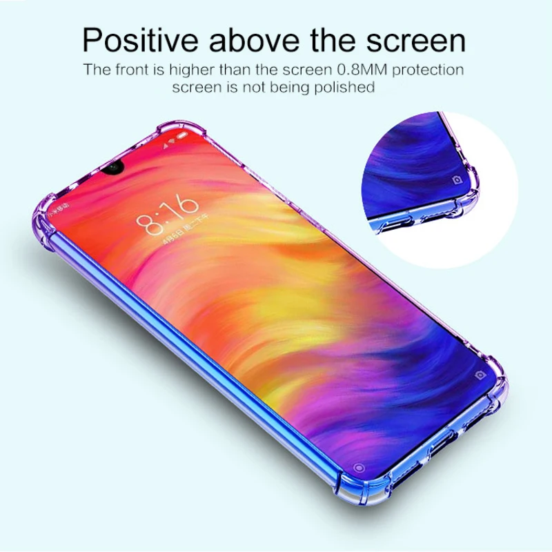 Чехол для телефона с градиентом Redmi Note 7, прозрачный чехол для телефона с четырьмя углами и защитой от падения