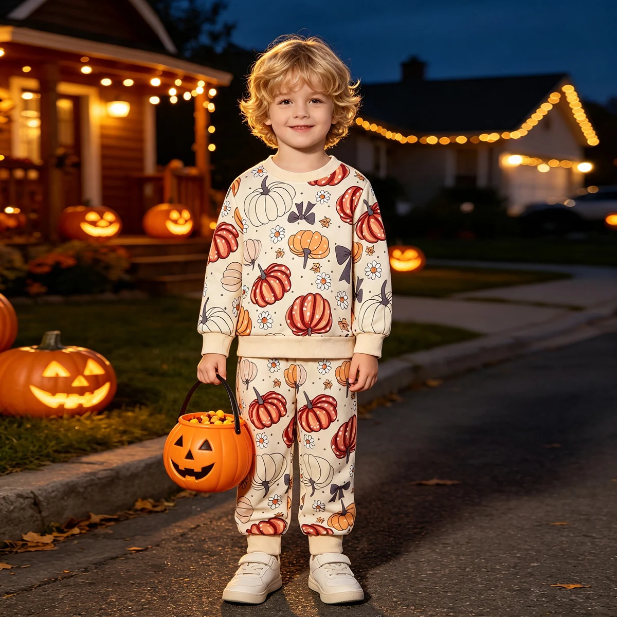 2-piece Autumn And Winter Children's Halloween Cute Printed Sweatshirt And Pants Set For Boys And Girls Thanksgiving Fashion Set