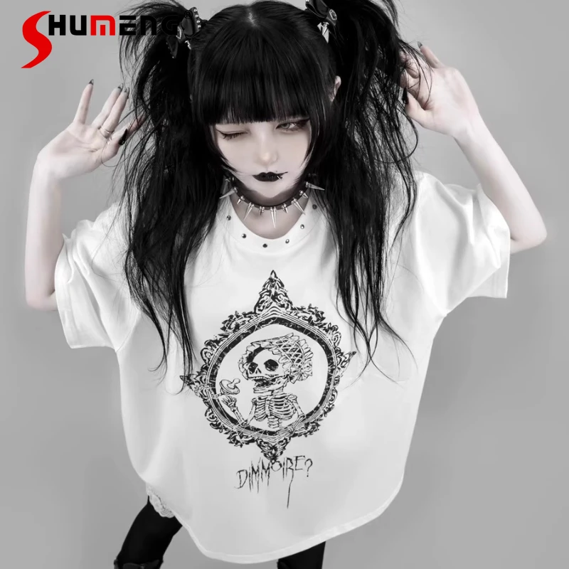 

New Japanese Mine Series Gothic Tees Cartoon Skull Print Rivet Collar Round Neck Loose Short-sleeved T-shirt Pullover For Women