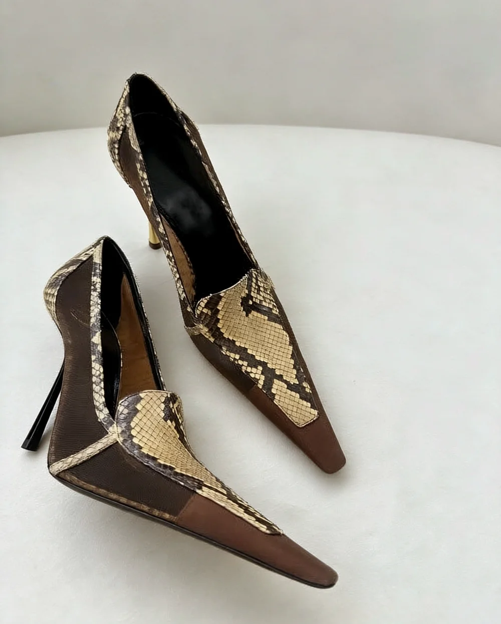 Snake Print Patchwork Stiletto Pumps Small Square-Toe Design Brown Leather Snake Skin Upper Retro High Heels