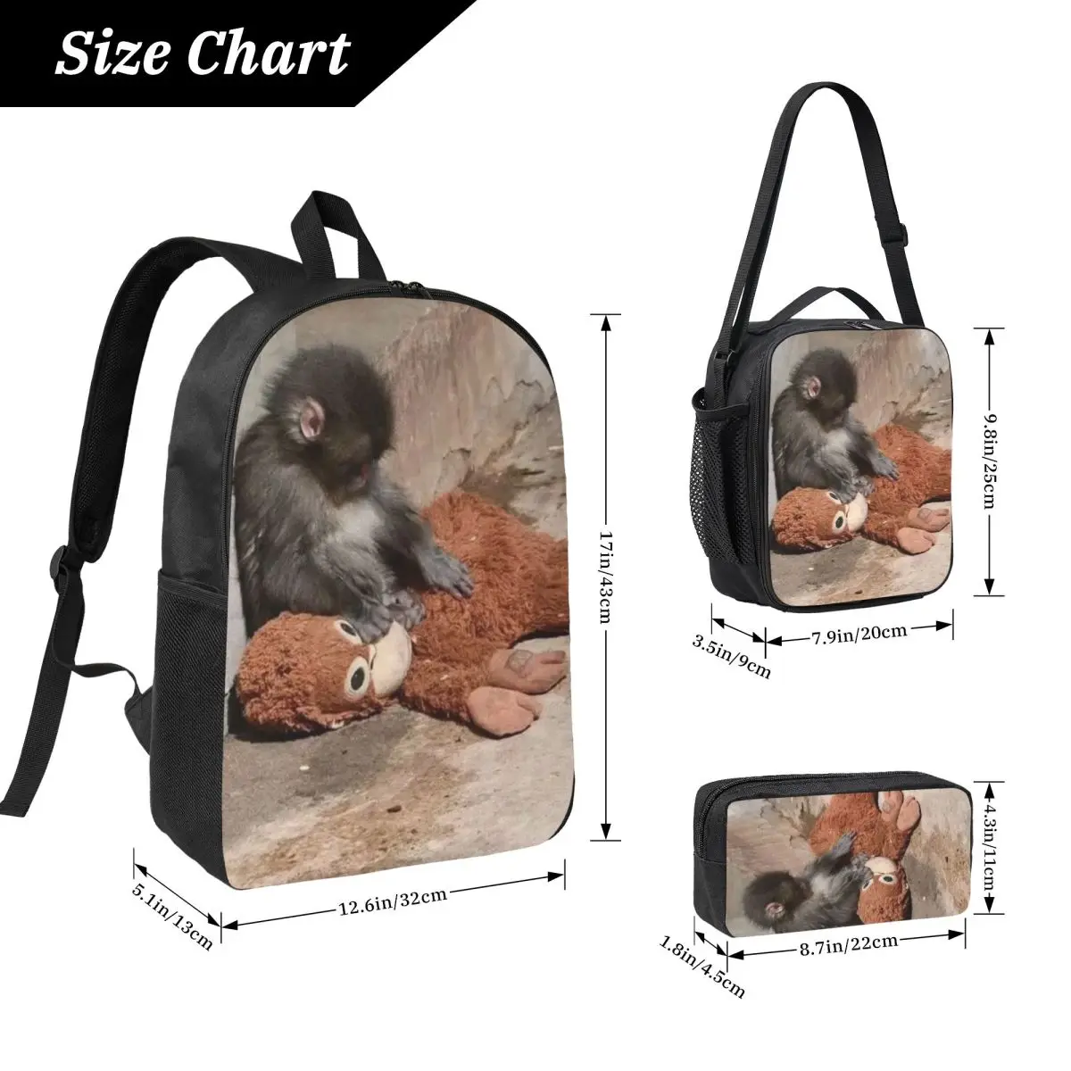 3Pcs Monkey Punch Baby Monkey Holding Toy Backpack Set for Children Pen Bags Bookbag Sets with Lunch Box For School  Knapsack