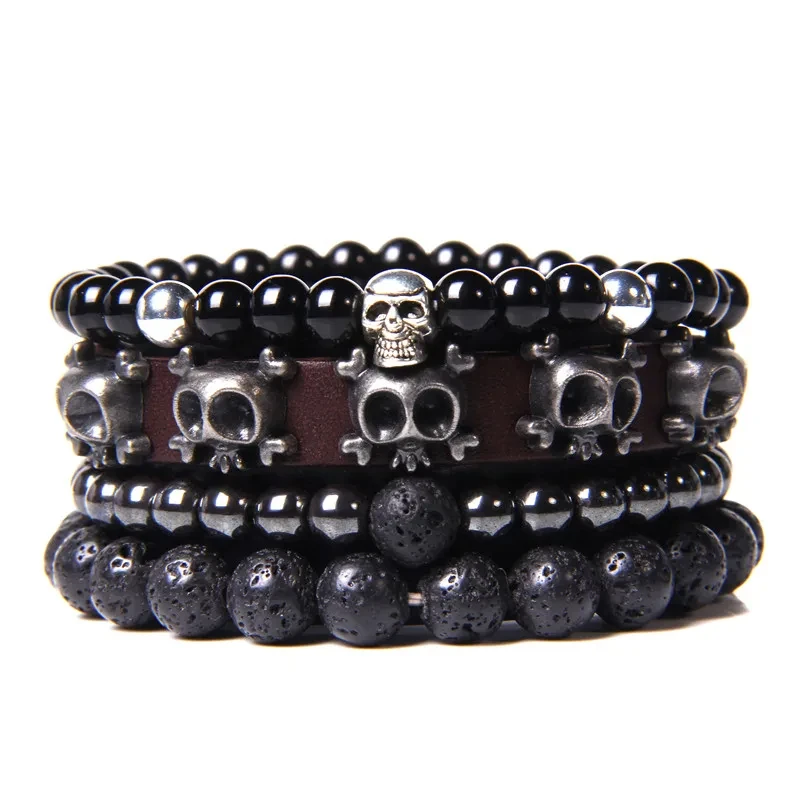 Männer Stein Armband Set Multi-schicht Schwarz Vulkanischen Holz Perlen Elastische Armband Viking Homme Pulsera Hombre Hip-Hop Punk schmuck